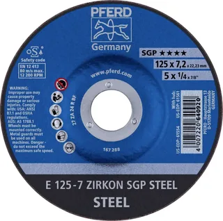 TOOLS 62212737 E 125-7 ZIRKON SGP STEEL Schruppscheibe gekröpft Durchmesser 125 mm Bohrungs-Ø 22.23 mm Stahl 10 St. by PFERD – product image 1 of 2
