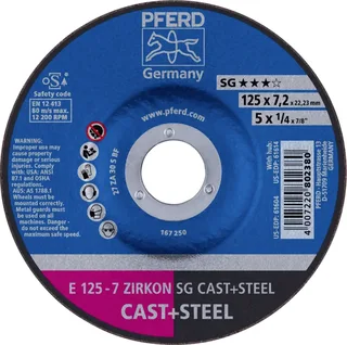 TOOLS 62212747 E 125-7 ZIRKON SG CAST+STEEL Schruppscheibe gekröpft Durchmesser 125 mm Bohrungs-Ø 22.23 mm Grau-/Sphäroguss, Stahl, Stahlguss 10 St. by PFERD – product image 1 of 2