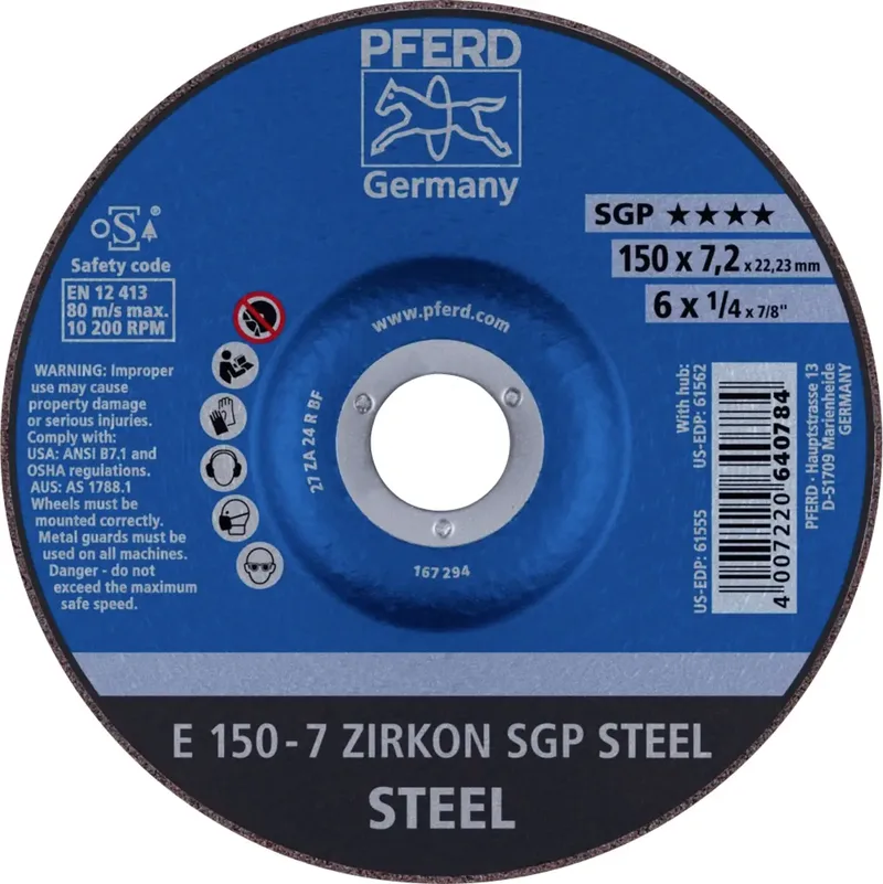 TOOLS 62215326 E 150-7 ZIRKON SGP STEEL Schruppscheibe gekröpft Durchmesser 150 mm Bohrungs-Ø 22.23 mm Stahl 10 St. de PFERD – image du produit