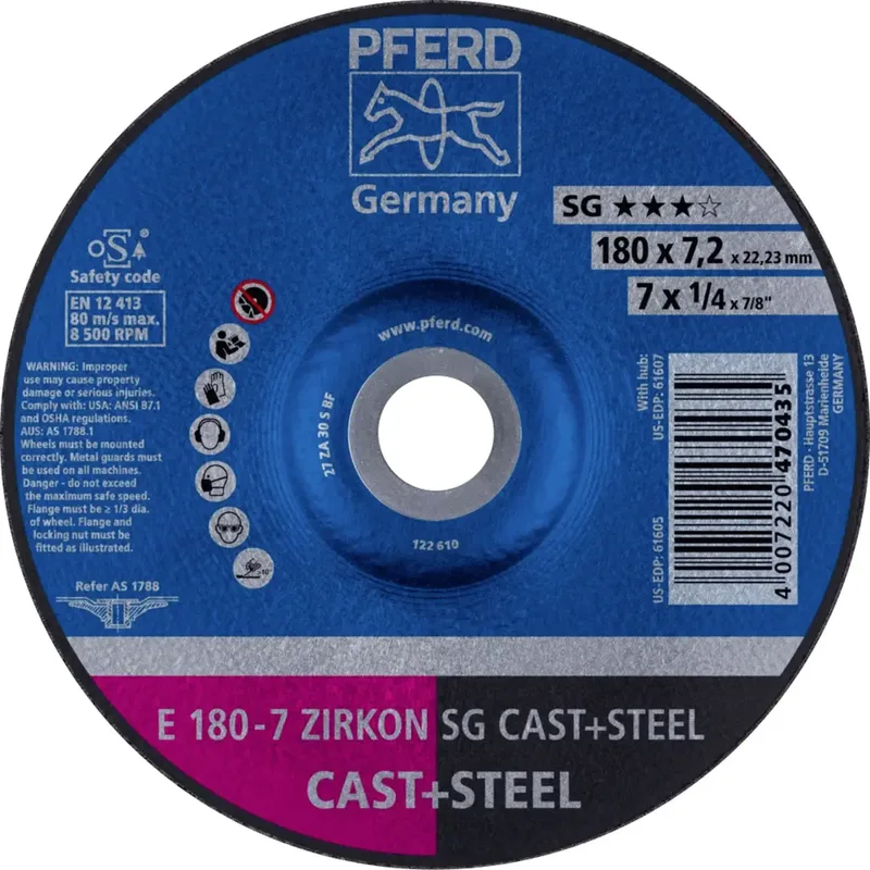 TOOLS 62217628 E 180-7 ZIRKON SG CAST+STEEL Schruppscheibe gekröpft Durchmesser 180 mm Bohrungs-Ø 22.23 mm Grau-/Sphäroguss, Stahl, Stahlguss 10 St. by PFERD – product image 1 of 2