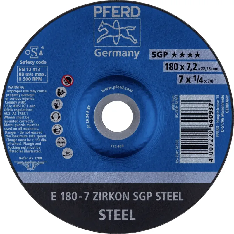 TOOLS 62217737 E 180-7 ZIRKON SGP STEEL Schruppscheibe gekröpft Durchmesser 180 mm Bohrungs-Ø 22.23 mm Stahl 10 St. von PFERD – Produktbild 1 von 2