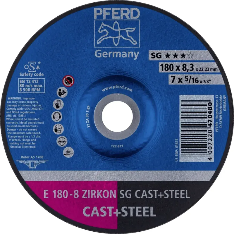 TOOLS 62217837 E 180-8 ZIRKON SG CAST+STEEL Schruppscheibe gekröpft Durchmesser 180 mm Bohrungs-Ø 22.23 mm Grau-/Sphäroguss, Stahl, Stahlguss 10 St. by PFERD – product image 1 of 2