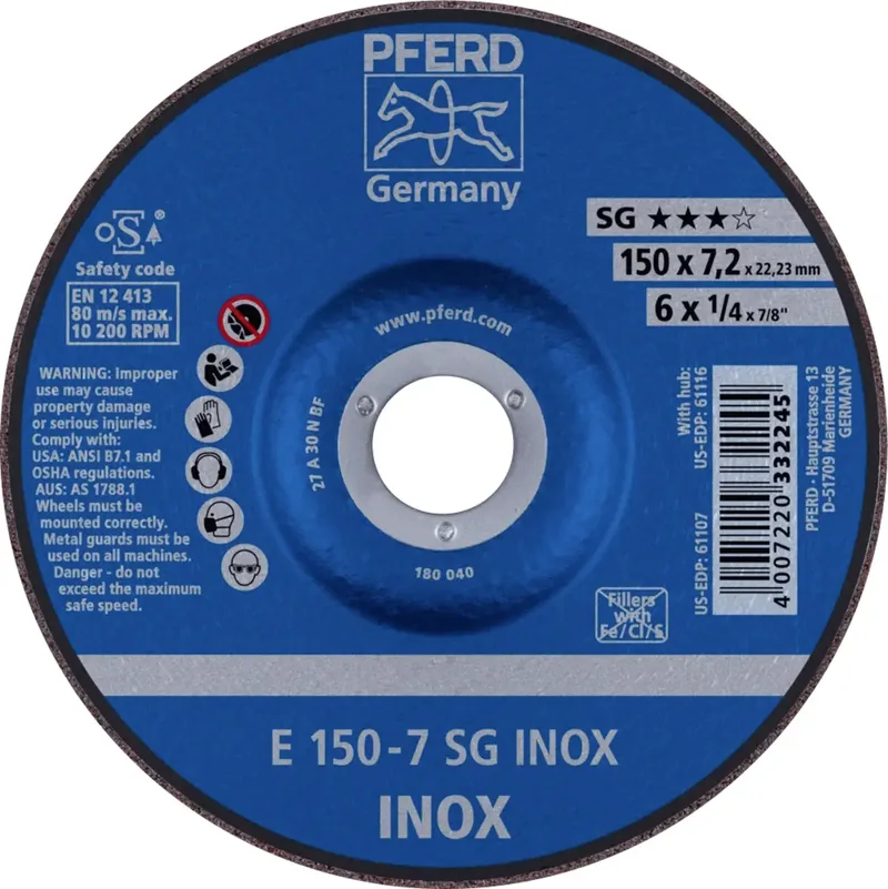 TOOLS 62222730 E 150-7 SG INOX Schruppscheibe gekröpft Durchmesser 150 mm Bohrungs-Ø 22.23 mm Edelstahl 10 St. by PFERD – product image
