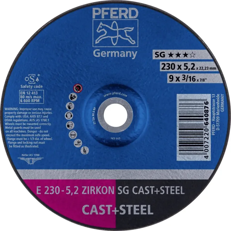 TOOLS 62223527 E 230-5,2 ZIRKON SG CAST+STEEL Schruppscheibe gekröpft Durchmesser 230 mm Bohrungs-Ø 22.23 mm Grau-/Sphäroguss, Stahl, Stahlguss 10 St. von PFERD – Produktbild 1 von 2