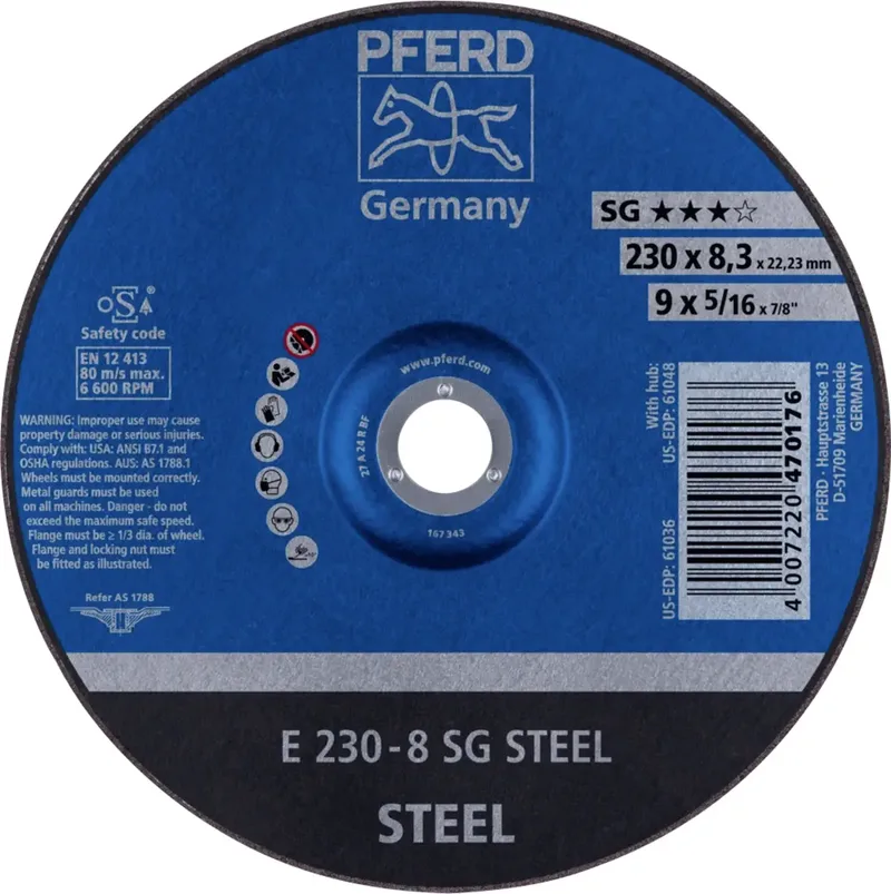 TOOLS 62223826 E 230-8 SG STEEL Schruppscheibe gekröpft Durchmesser 230 mm Bohrungs-Ø 22.23 mm Edelstahl, Stahl 10 St. de PFERD – image du produit 1 sur 2