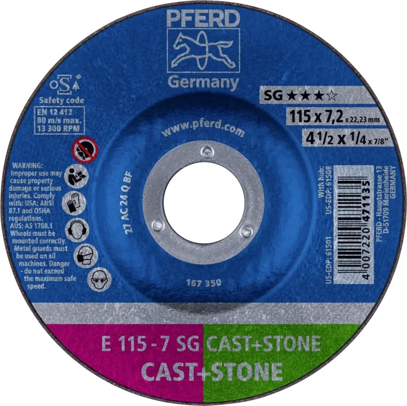 TOOLS 62911625 E 115-7 SG CAST+STONE Schruppscheibe gekröpft Durchmesser 115 mm Bohrungs-Ø 22.23 mm Aluminiumlegierung, Gusseisen, Gusshaut, Beton, Titan fra PFERD – produktbillede