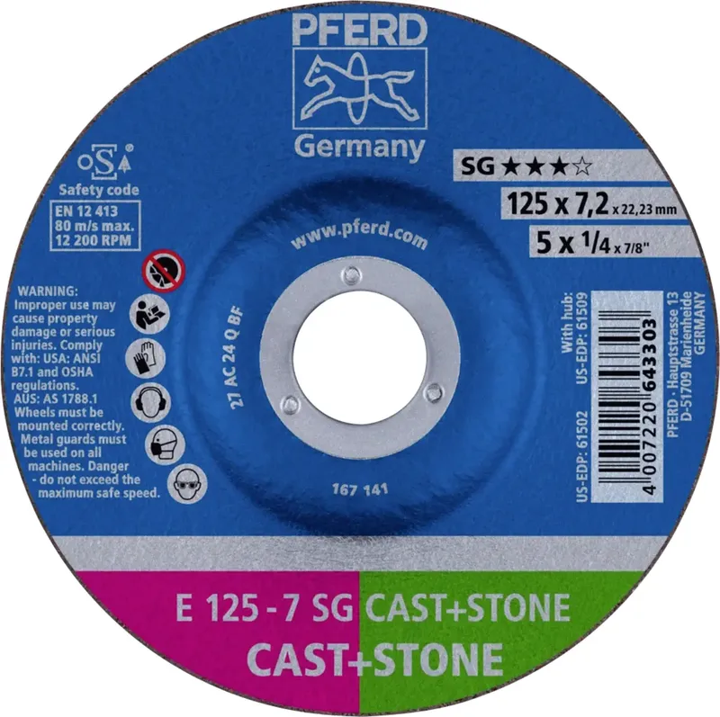 TOOLS 62912725 E 125-7 SG CAST+STONE Schruppscheibe gekröpft Durchmesser 125 mm Bohrungs-Ø 22.23 mm Aluminiumlegierung, Gusseisen, Gusshaut, Beton, Titan von PFERD – Produktbild