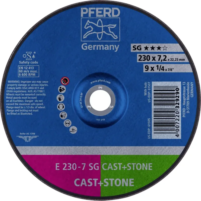 TOOLS 62914720 E 230-7 SG CAST+STONE Schruppscheibe gekröpft Durchmesser 230 mm Bohrungs-Ø 22.23 mm Aluminiumlegierung, Gusseisen, Gusshaut, Beton, Titan von PFERD – Produktbild
