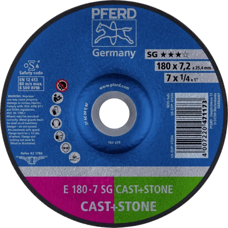 TOOLS 62917625 E 180-7 SG CAST+STONE Schruppscheibe gekröpft Durchmesser 180 mm Bohrungs-Ø 22.23 mm Aluminiumlegierung, Gusseisen, Gusshaut, Beton, Titan by PFERD – product image