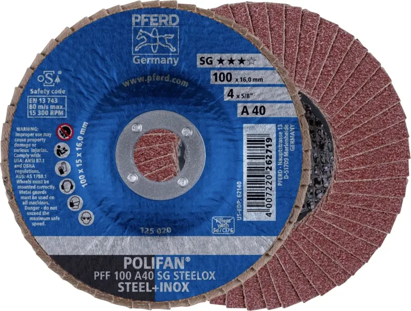 TOOLS 67604100 PFF 100 A 40 SG STEELOX/16,0 Fächerschleifscheibe Durchmesser 100 mm Bohrungs-Ø 16 mm Körnung (num) 40 Edelstahl, Stahl 10 St. by PFERD – product image 1 of 2