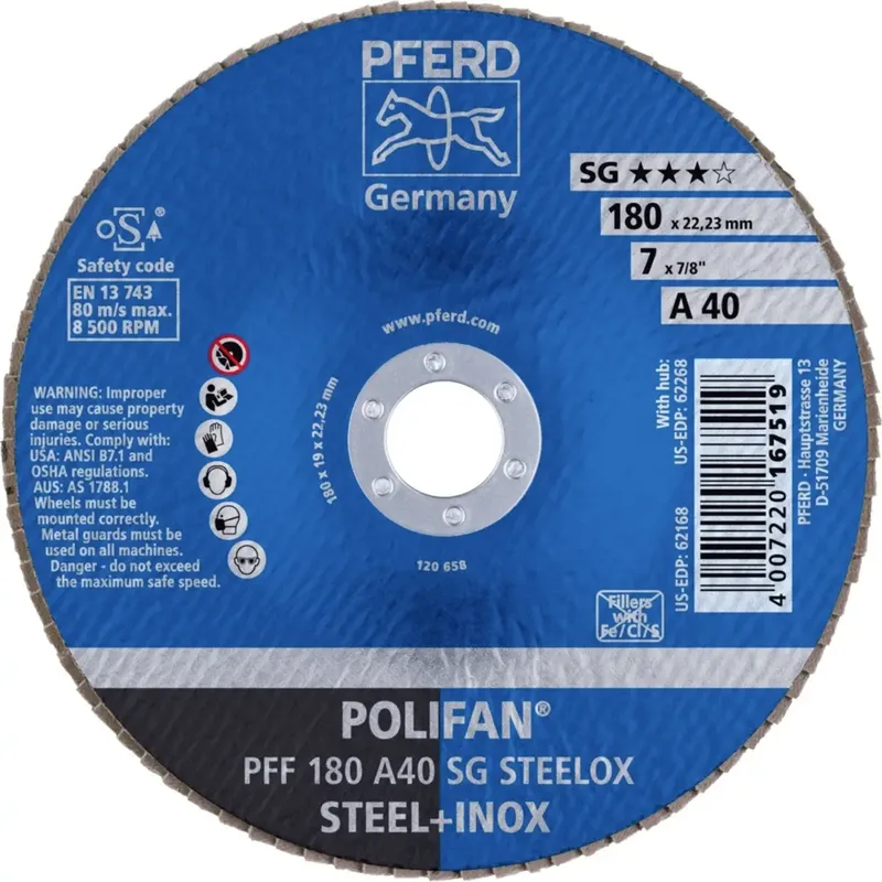 TOOLS 67604185 PFF 180 A 40 SG STEELOX Fächerschleifscheibe Durchmesser 180 mm Bohrungs-Ø 22.23 mm Körnung (num) 40 Edelstahl, Stahl 10 St. von PFERD – Produktbild 2 von 2