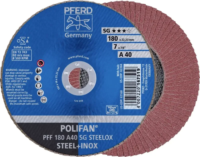 TOOLS 67604185 PFF 180 A 40 SG STEELOX Fächerschleifscheibe Durchmesser 180 mm Bohrungs-Ø 22.23 mm Körnung (num) 40 Edelstahl, Stahl 10 St. von PFERD – Produktbild 1 von 2