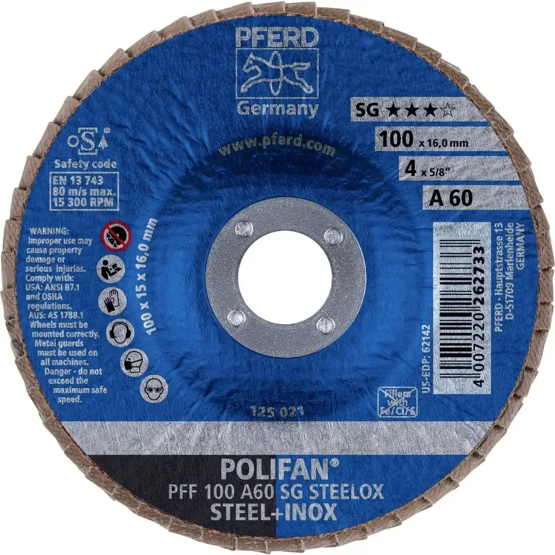 TOOLS 67606100 PFF 100 A 60 SG STEELOX/16,0 Fächerschleifscheibe Durchmesser 100 mm Bohrungs-Ø 16 mm Körnung (num) 60 Edelstahl, Stahl 10 St. von PFERD – Produktbild 2 von 2