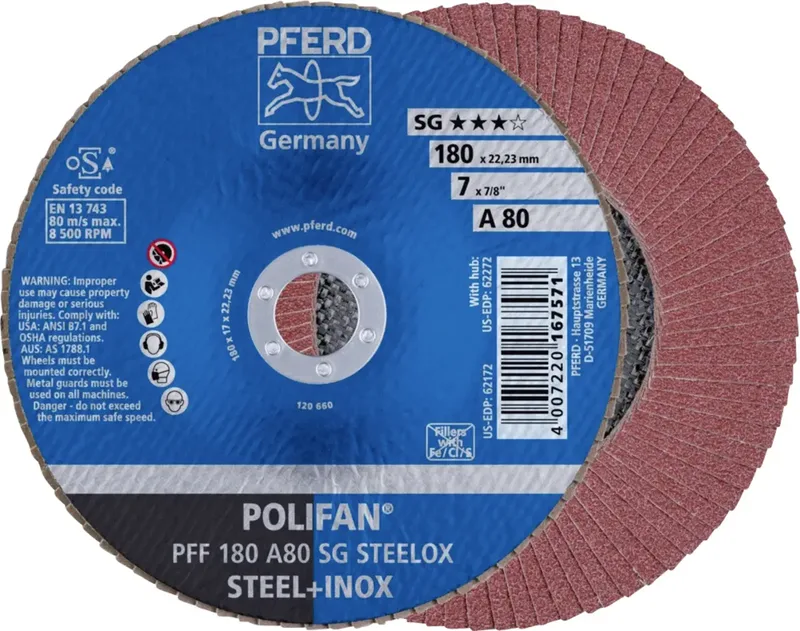 TOOLS 67608185 PFF 180 A 80 SG STEELOX Fächerschleifscheibe Durchmesser 180 mm Bohrungs-Ø 22.23 mm Körnung (num) 80 Edelstahl, Stahl 10 St. von PFERD – Produktbild 1 von 2