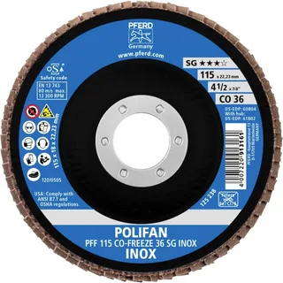 TOOLS 67611536 PFF 115 CO-FREEZE 36 SG INOX Fächerschleifscheibe Durchmesser 115 mm Bohrungs-Ø 22.23 mm Körnung (num) 36 Nickelbasislegierung by PFERD – product image 2 of 2