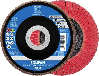 TOOLS 67611536 PFF 115 CO-FREEZE 36 SG INOX Fächerschleifscheibe Durchmesser 115 mm Bohrungs-Ø 22.23 mm Körnung (num) 36 Nickelbasislegierung by PFERD – product image 1 of 2