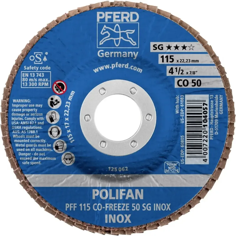 TOOLS 67611550 PFF 115 CO-FREEZE 50 SG INOX Fächerschleifscheibe Durchmesser 115 mm Bohrungs-Ø 22.23 mm Körnung (num) 50 Nickelbasislegierung by PFERD – product image 2 of 2