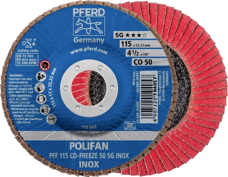 TOOLS 67611550 PFF 115 CO-FREEZE 50 SG INOX Fächerschleifscheibe Durchmesser 115 mm Bohrungs-Ø 22.23 mm Körnung (num) 50 Nickelbasislegierung by PFERD – product image 1 of 2