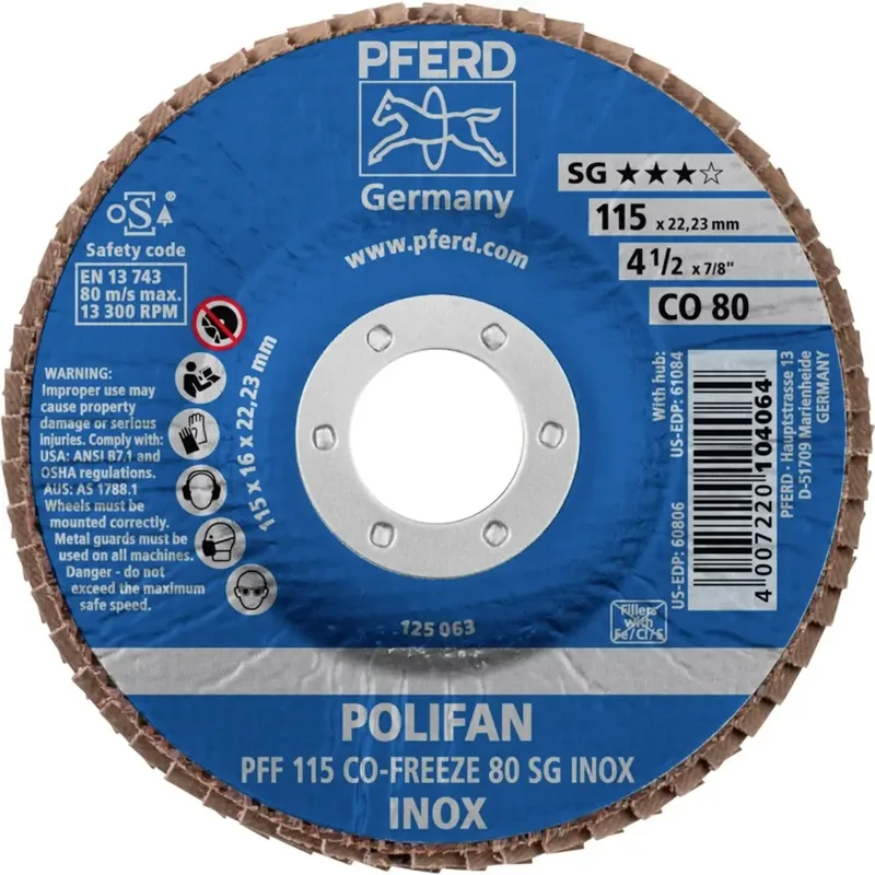 TOOLS 67611580 PFF 115 CO-FREEZE 80 SG INOX Fächerschleifscheibe Durchmesser 115 mm Bohrungs-Ø 22.23 mm Körnung (num) 80 Nickelbasislegierung von PFERD – Produktbild 2 von 2
