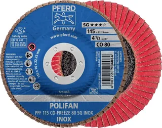 TOOLS 67611580 PFF 115 CO-FREEZE 80 SG INOX Fächerschleifscheibe Durchmesser 115 mm Bohrungs-Ø 22.23 mm Körnung (num) 80 Nickelbasislegierung von PFERD – Produktbild 1 von 2