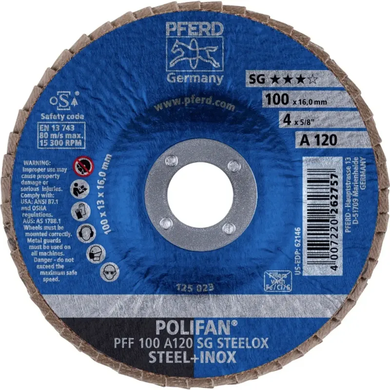 TOOLS 67612100 PFF 100 A 120 SG STEELOX/16,0 Fächerschleifscheibe Durchmesser 100 mm Bohrungs-Ø 16 mm Körnung (num) 120 Edelstahl, Stahl 10 St. de PFERD – image du produit 2 sur 2