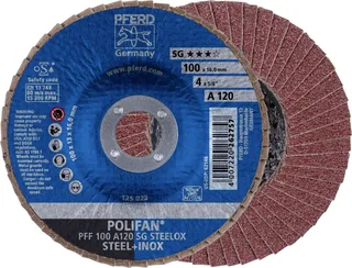 TOOLS 67612100 PFF 100 A 120 SG STEELOX/16,0 Fächerschleifscheibe Durchmesser 100 mm Bohrungs-Ø 16 mm Körnung (num) 120 Edelstahl, Stahl 10 St. de PFERD – image du produit 1 sur 2