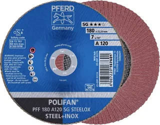 TOOLS 67612185 PFF 180 A 120 SG STEELOX Fächerschleifscheibe Durchmesser 180 mm Bohrungs-Ø 22.23 mm Körnung (num) 120 Edelstahl, Stahl 10 St. de PFERD – image du produit 1 sur 2