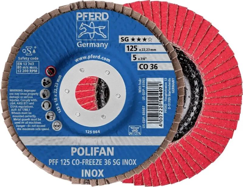 TOOLS 67612536 PFF 125 CO-FREEZE 36 SG INOX Fächerschleifscheibe Durchmesser 125 mm Bohrungs-Ø 22.23 mm Körnung (num) 36 Nickelbasislegierung de PFERD – image du produit 1 sur 2
