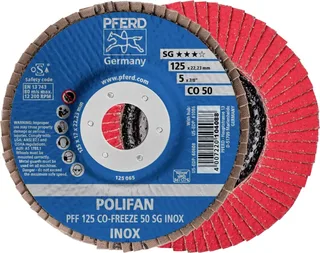 TOOLS 67612550 PFF 125 CO-FREEZE 50 SG INOX Fächerschleifscheibe Durchmesser 125 mm Bohrungs-Ø 22.23 mm Körnung (num) 50 Nickelbasislegierung by PFERD – product image 1 of 2