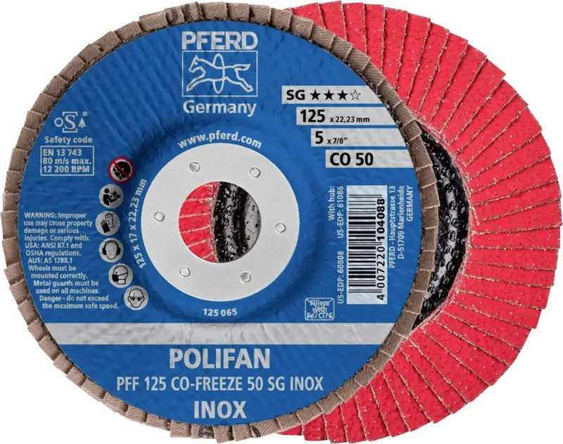 TOOLS 67612550 PFF 125 CO-FREEZE 50 SG INOX Fächerschleifscheibe Durchmesser 125 mm Bohrungs-Ø 22.23 mm Körnung (num) 50 Nickelbasislegierung by PFERD – product image 1 of 2