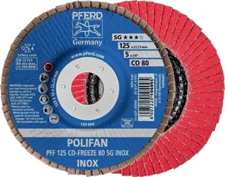 TOOLS 67612580 PFF 125 CO-FREEZE 80 SG INOX Fächerschleifscheibe Durchmesser 125 mm Bohrungs-Ø 22.23 mm Körnung (num) 80 Nickelbasislegierung de PFERD – image du produit 1 sur 2