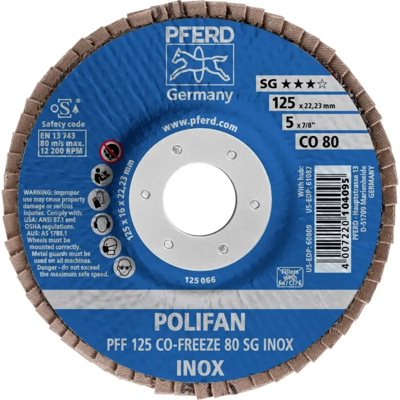 TOOLS 67612580 PFF 125 CO-FREEZE 80 SG INOX Fächerschleifscheibe Durchmesser 125 mm Bohrungs-Ø 22.23 mm Körnung (num) 80 Nickelbasislegierung de PFERD – image du produit 2 sur 2