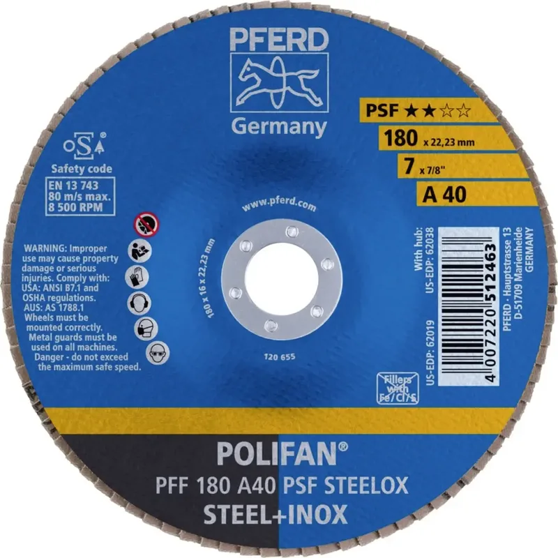 TOOLS 67644185 PFF 180 A 40 PSF STEELOX Fächerschleifscheibe Durchmesser 180 mm Bohrungs-Ø 22.23 mm Körnung (num) 40 Edelstahl, Stahl 10 St. von PFERD – Produktbild 2 von 2