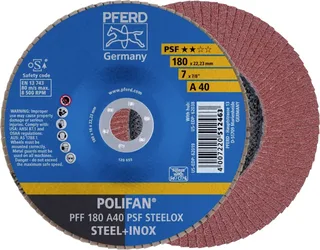 TOOLS 67644185 PFF 180 A 40 PSF STEELOX Fächerschleifscheibe Durchmesser 180 mm Bohrungs-Ø 22.23 mm Körnung (num) 40 Edelstahl, Stahl 10 St. von PFERD – Produktbild 1 von 2