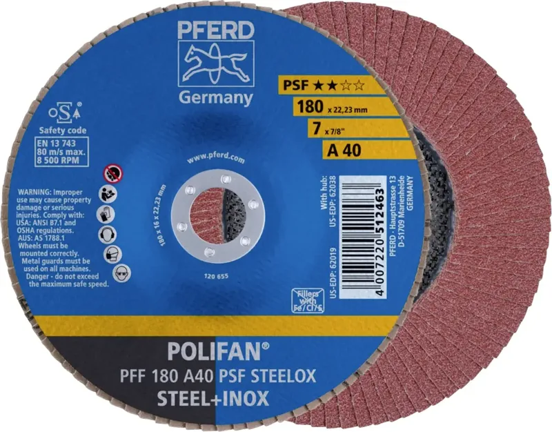 TOOLS 67644185 PFF 180 A 40 PSF STEELOX Fächerschleifscheibe Durchmesser 180 mm Bohrungs-Ø 22.23 mm Körnung (num) 40 Edelstahl, Stahl 10 St. von PFERD – Produktbild 1 von 2