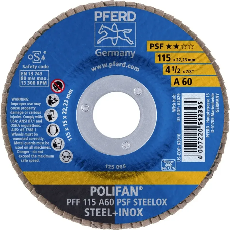 TOOLS 67646115 PFF 115 A 60 PSF STEELOX Fächerschleifscheibe Durchmesser 115 mm Bohrungs-Ø 22.23 mm Körnung (num) 60 Edelstahl, Stahl 10 St. de PFERD – image du produit 2 sur 2