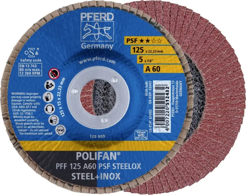 TOOLS 67646125 PFF 125 A 60 PSF STEELOX Fächerschleifscheibe Durchmesser 125 mm Bohrungs-Ø 22.23 mm Körnung (num) 60 Edelstahl, Stahl 10 St. by PFERD – product image 1 of 2