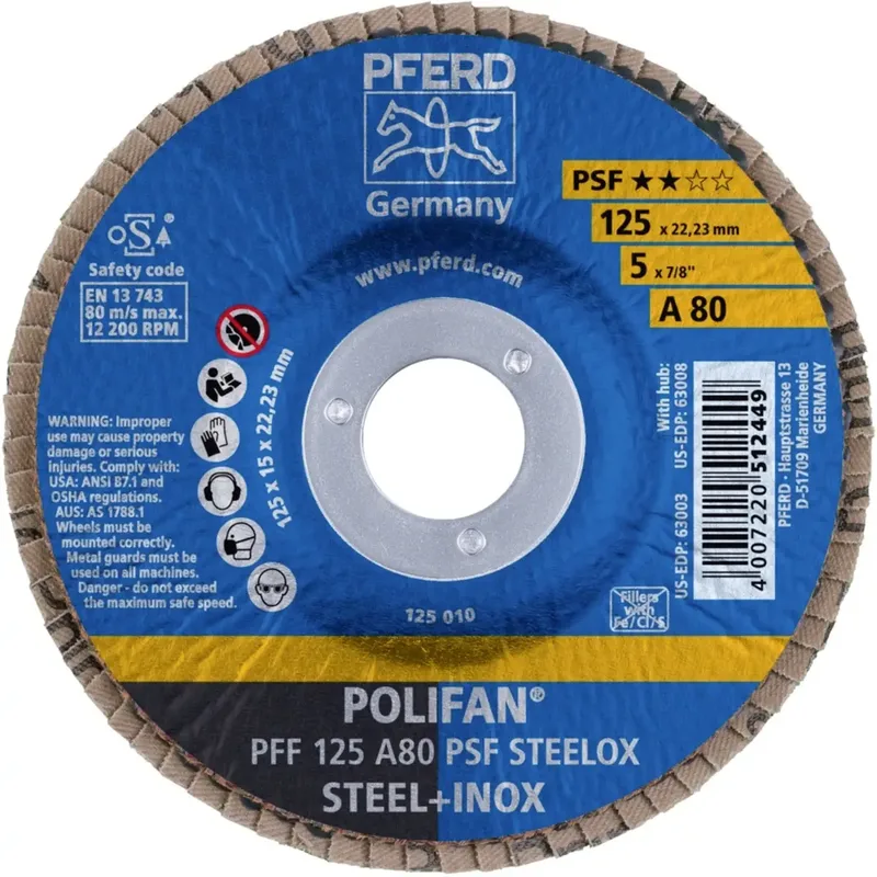 TOOLS 67648125 PFF 125 A 80 PSF STEELOX Fächerschleifscheibe Durchmesser 125 mm Bohrungs-Ø 22.23 mm Körnung (num) 80 Edelstahl, Stahl 10 St. de PFERD – image du produit 2 sur 2