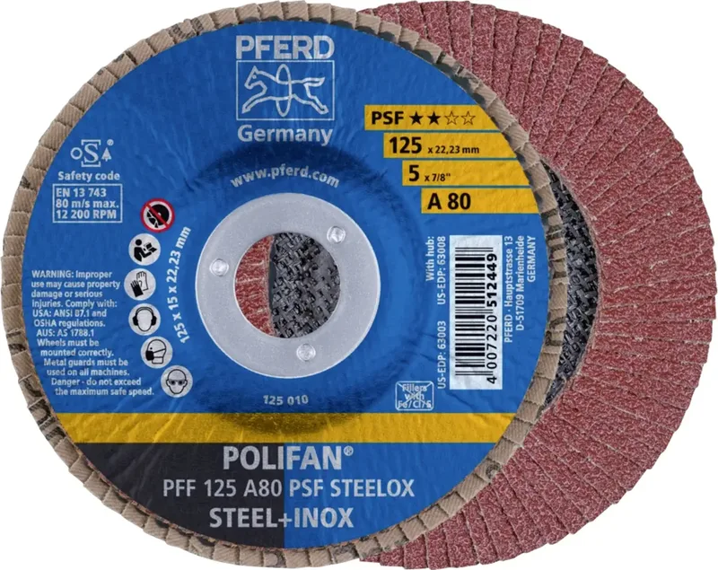 TOOLS 67648125 PFF 125 A 80 PSF STEELOX Fächerschleifscheibe Durchmesser 125 mm Bohrungs-Ø 22.23 mm Körnung (num) 80 Edelstahl, Stahl 10 St. de PFERD – image du produit 1 sur 2