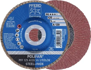 TOOLS 67649125 PFF 125 A 120 PSF STEELOX Fächerschleifscheibe Durchmesser 125 mm Bohrungs-Ø 22.23 mm Körnung (num) 120 Edelstahl, Stahl 10 St. von PFERD – Produktbild 1 von 2