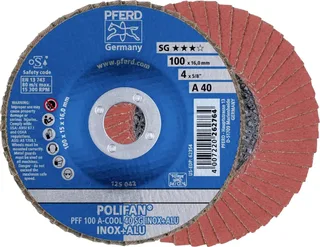 TOOLS 67654100 PFF 100 A-COOL 40 SG INOX+ALU/16,0 Fächerschleifscheibe Durchmesser 100 mm Bohrungs-Ø 16 mm Körnung (num) 40 Aluminium, NE-Metalle von PFERD – Produktbild 1 von 2