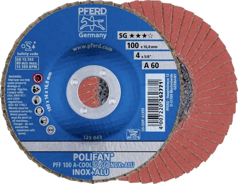 TOOLS 67656100 PFF 100 A-COOL 60 SG INOX+ALU/16,0 Fächerschleifscheibe Durchmesser 100 mm Bohrungs-Ø 16 mm Körnung (num) 60 Aluminium, NE-Metalle fra PFERD – produktbillede 1 af 2