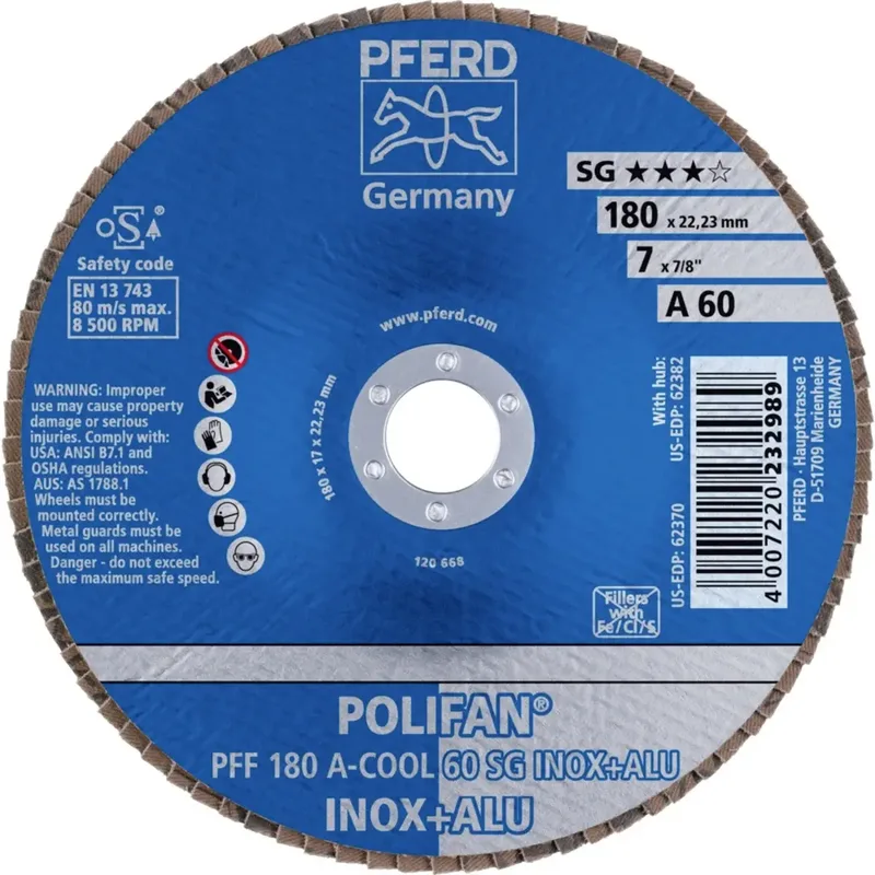 TOOLS 67656185 PFF 180 A-COOL 60 SG INOX+ALU Fächerschleifscheibe Durchmesser 180 mm Bohrungs-Ø 22.23 mm Körnung (num) 60 Aluminium, NE-Metalle de PFERD – image du produit 2 sur 2