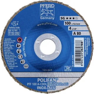 TOOLS 67658100 PFF 100 A-COOL 80 SG INOX+ALU/16,0 Fächerschleifscheibe Durchmesser 100 mm Bohrungs-Ø 16 mm Körnung (num) 80 Aluminium, NE-Metalle de PFERD – image du produit 2 sur 2