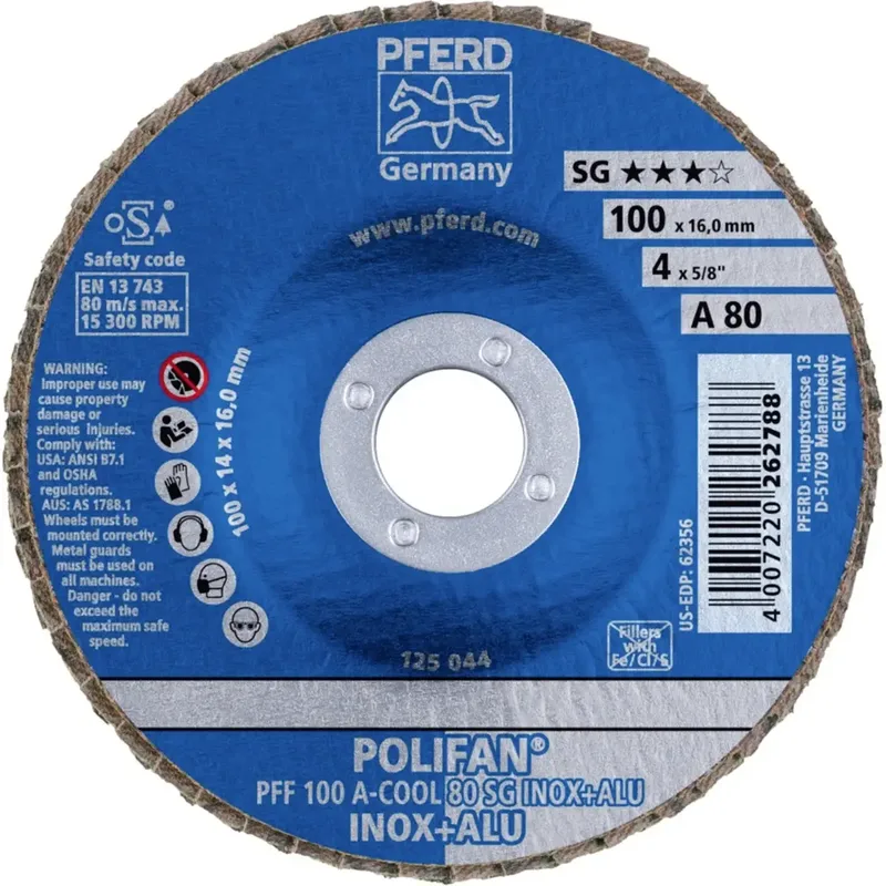 TOOLS 67658100 PFF 100 A-COOL 80 SG INOX+ALU/16,0 Fächerschleifscheibe Durchmesser 100 mm Bohrungs-Ø 16 mm Körnung (num) 80 Aluminium, NE-Metalle de PFERD – image du produit 2 sur 2