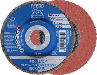 TOOLS 67658115 PFF 115 A-COOL 80 SG INOX+ALU Fächerschleifscheibe Durchmesser 115 mm Bohrungs-Ø 22.23 mm Körnung (num) 80 Aluminium, NE-Metalle by PFERD – product image 1 of 2