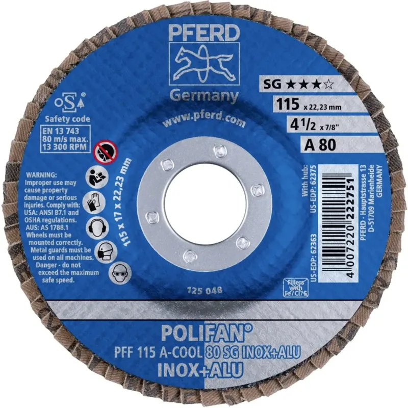 TOOLS 67658115 PFF 115 A-COOL 80 SG INOX+ALU Fächerschleifscheibe Durchmesser 115 mm Bohrungs-Ø 22.23 mm Körnung (num) 80 Aluminium, NE-Metalle by PFERD – product image 2 of 2