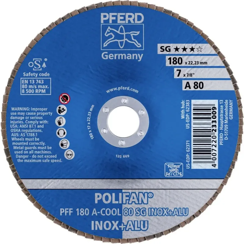 TOOLS 67658185 PFF 180 A-COOL 80 SG INOX+ALU Fächerschleifscheibe Durchmesser 180 mm Bohrungs-Ø 22.23 mm Körnung (num) 80 Aluminium, NE-Metalle de PFERD – image du produit 2 sur 2
