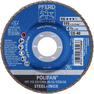TOOLS 67660415 PFF 115 CO-COOL 40 SG STEELOX Fächerschleifscheibe Durchmesser 115 mm Bohrungs-Ø 22.23 mm Körnung (num) 40 Aluminiumlegierung by PFERD – product image 2 of 2
