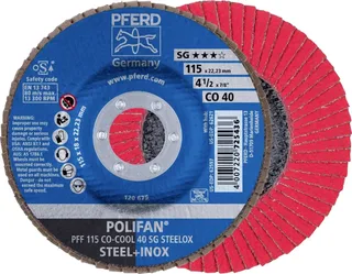 TOOLS 67660415 PFF 115 CO-COOL 40 SG STEELOX Fächerschleifscheibe Durchmesser 115 mm Bohrungs-Ø 22.23 mm Körnung (num) 40 Aluminiumlegierung by PFERD – product image 1 of 2